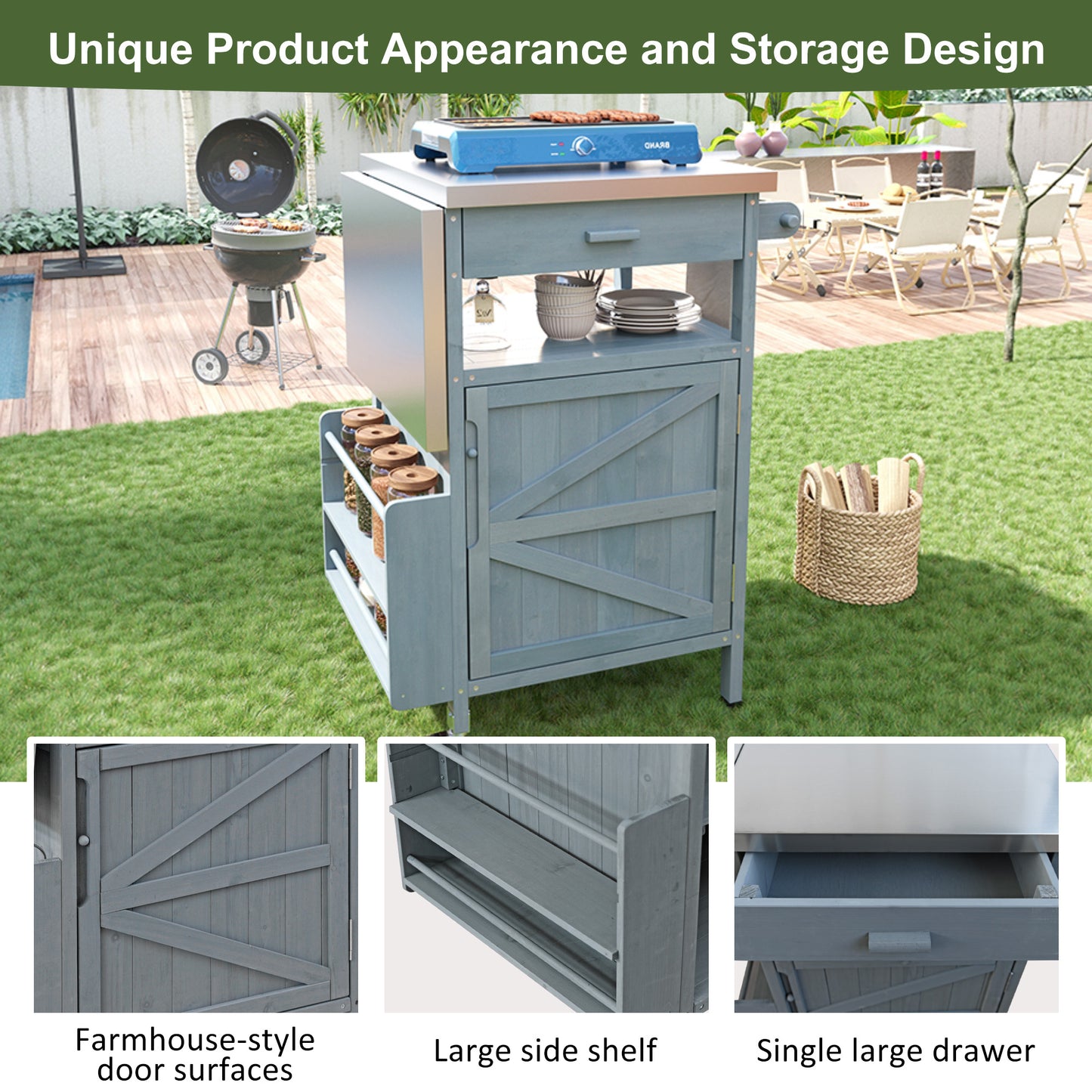 40.5" Outdoor Grill Cart with Stainless Steel Top, Solid Wood Outdoor Storage Cabinet with Drop Leaf, One Drawer, Towel Rack, Rolling Kitchen Cart with Lockable Wheels for Lawn Garden, Blue Grey