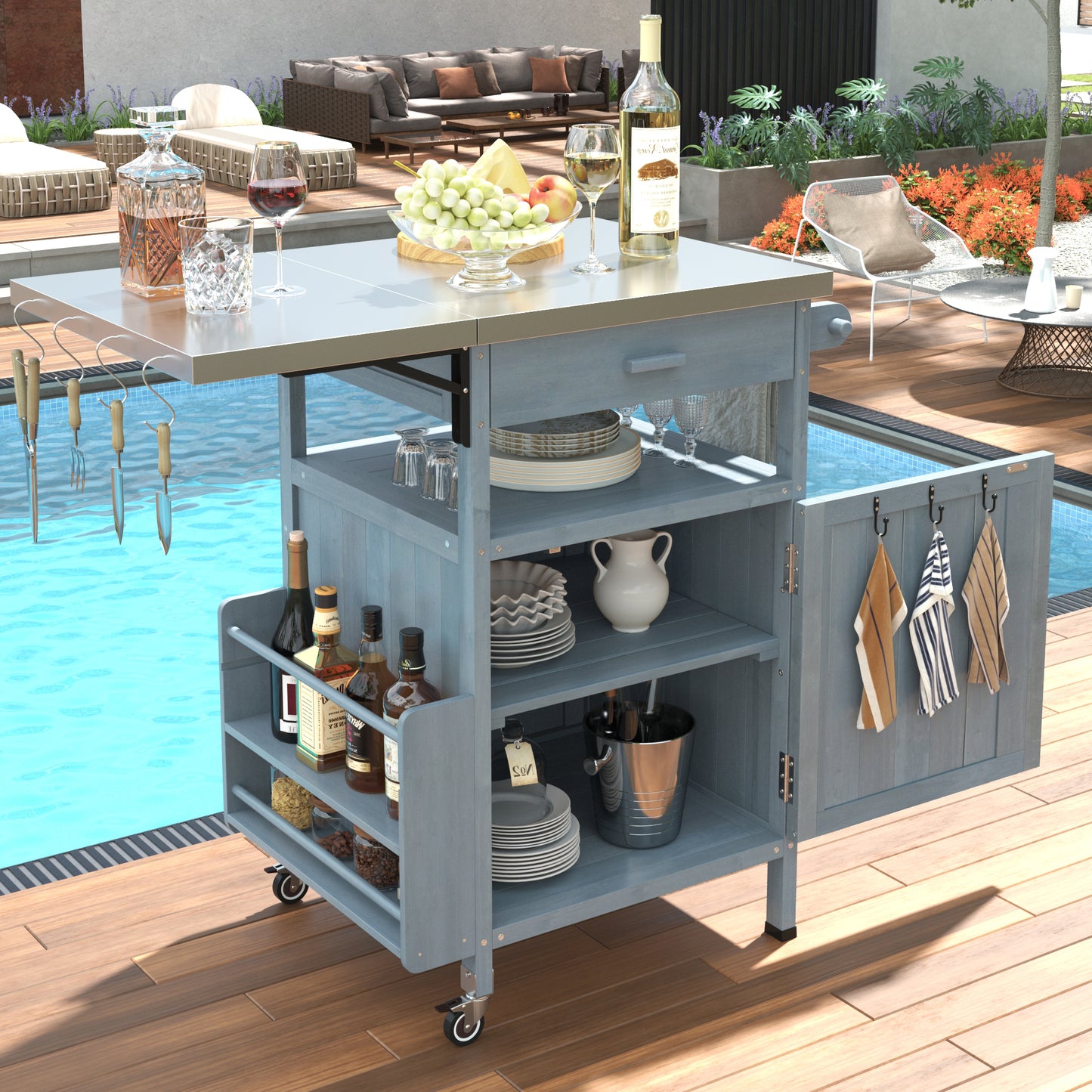 40.5" Outdoor Grill Cart with Stainless Steel Top, Solid Wood Outdoor Storage Cabinet with Drop Leaf, One Drawer, Towel Rack, Rolling Kitchen Cart with Lockable Wheels for Lawn Garden, Blue Grey