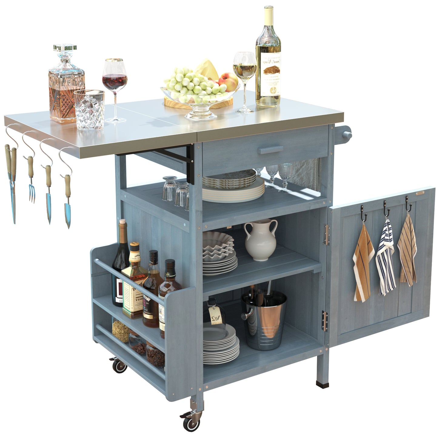 40.5" Outdoor Grill Cart with Stainless Steel Top, Solid Wood Outdoor Storage Cabinet with Drop Leaf, One Drawer, Towel Rack, Rolling Kitchen Cart with Lockable Wheels for Lawn Garden, Blue Grey