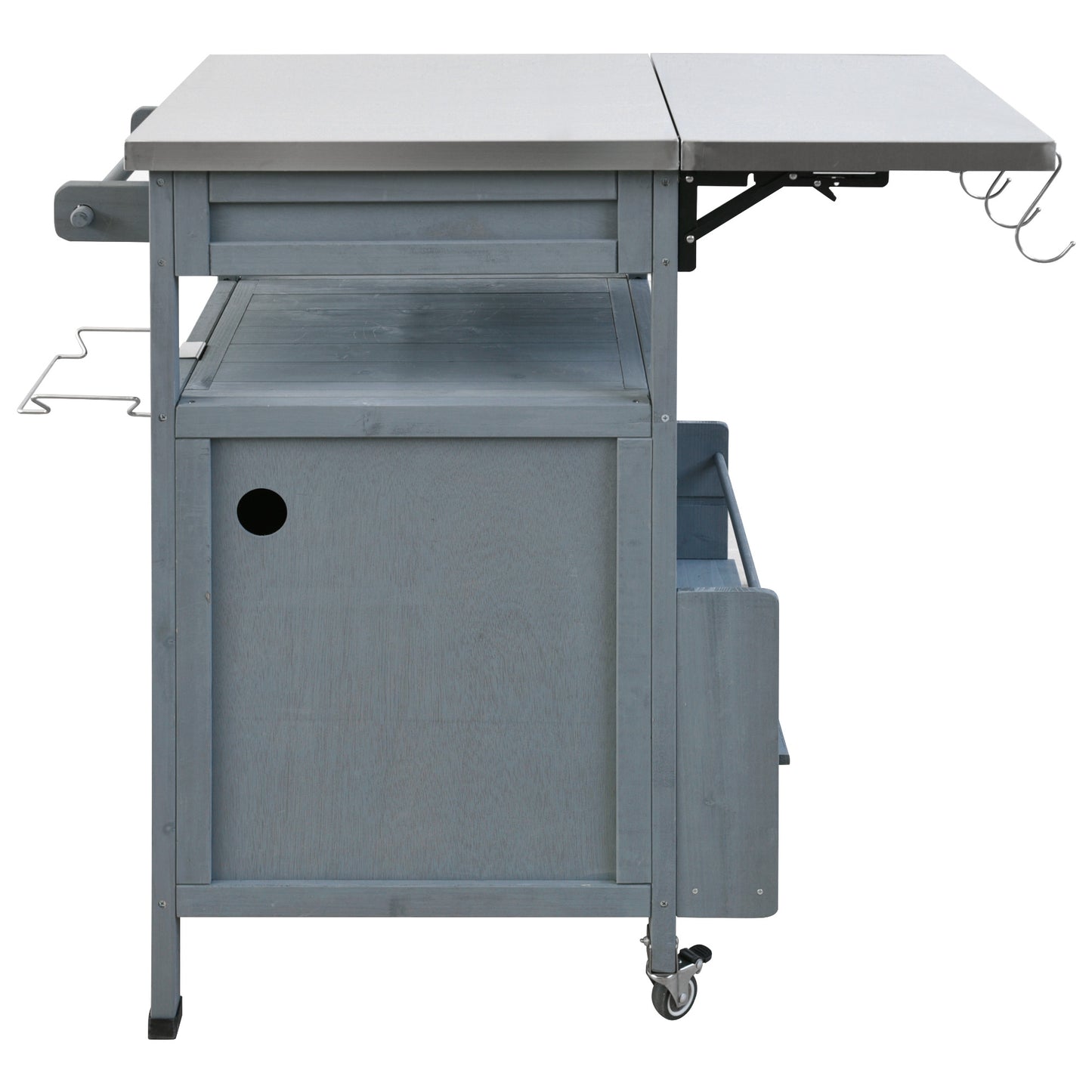 40.5" Outdoor Grill Cart with Stainless Steel Top, Solid Wood Outdoor Storage Cabinet with Drop Leaf, One Drawer, Towel Rack, Rolling Kitchen Cart with Lockable Wheels for Lawn Garden, Blue Grey