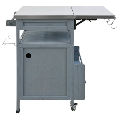 40.5" Outdoor Grill Cart with Stainless Steel Top, Solid Wood Outdoor Storage Cabinet with Drop Leaf, One Drawer, Towel Rack, Rolling Kitchen Cart with Lockable Wheels for Lawn Garden, Blue Grey