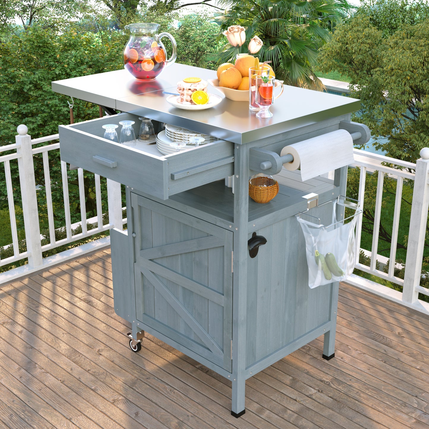 40.5" Outdoor Grill Cart with Stainless Steel Top, Solid Wood Outdoor Storage Cabinet with Drop Leaf, One Drawer, Towel Rack, Rolling Kitchen Cart with Lockable Wheels for Lawn Garden, Blue Grey