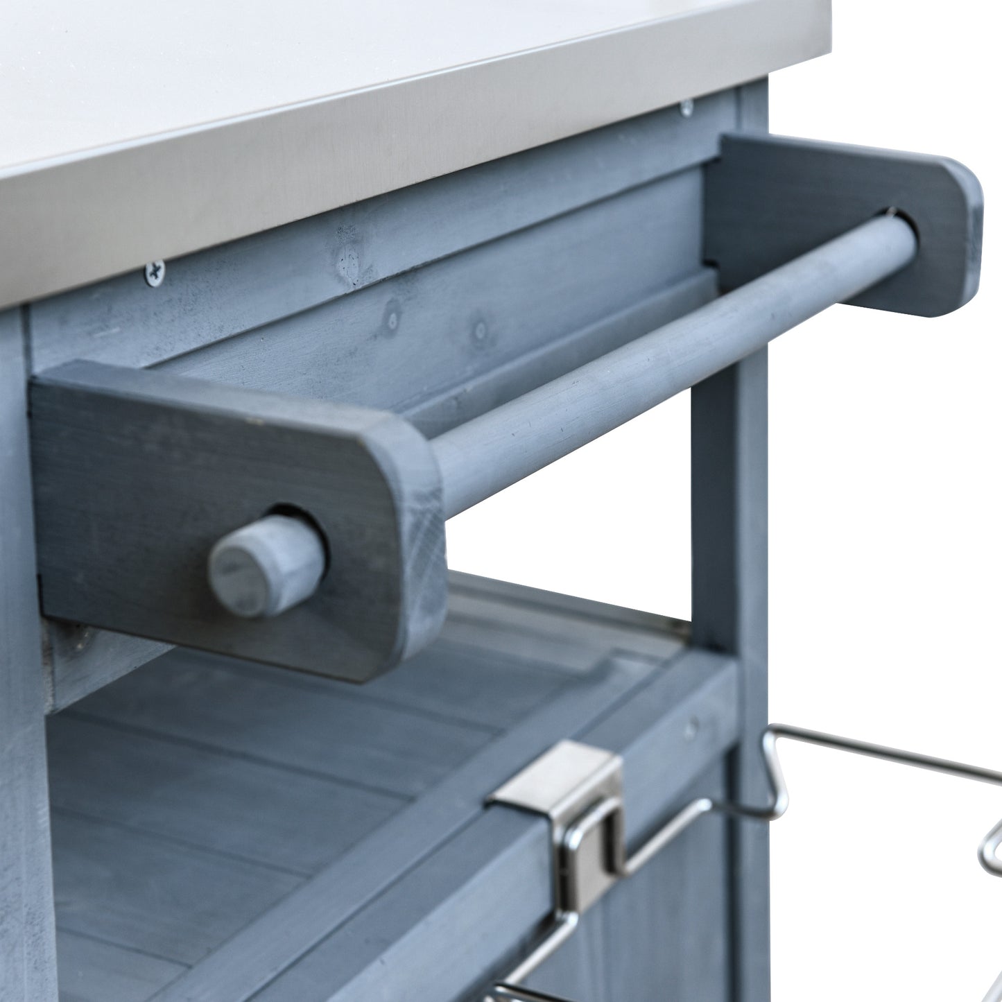 40.5" Outdoor Grill Cart with Stainless Steel Top, Solid Wood Outdoor Storage Cabinet with Drop Leaf, One Drawer, Towel Rack, Rolling Kitchen Cart with Lockable Wheels for Lawn Garden, Blue Grey