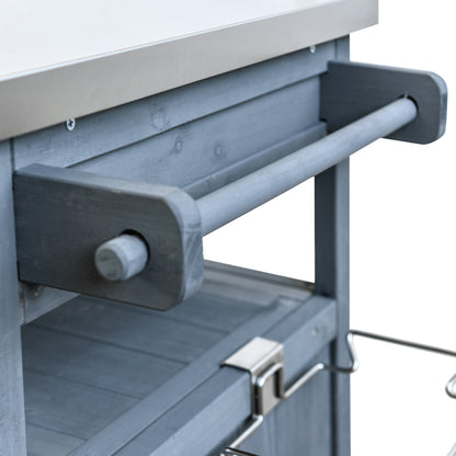 40.5" Outdoor Grill Cart with Stainless Steel Top, Solid Wood Outdoor Storage Cabinet with Drop Leaf, One Drawer, Towel Rack, Rolling Kitchen Cart with Lockable Wheels for Lawn Garden, Blue Grey