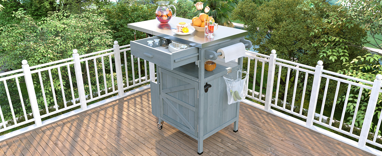 40.5" Outdoor Grill Cart with Stainless Steel Top, Solid Wood Outdoor Storage Cabinet with Drop Leaf, One Drawer, Towel Rack, Rolling Kitchen Cart with Lockable Wheels for Lawn Garden, Blue Grey
