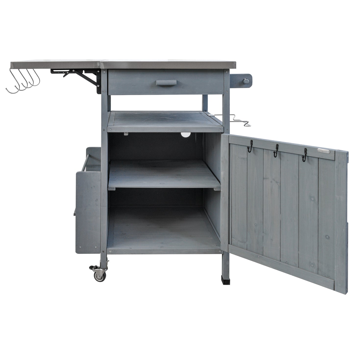 40.5" Outdoor Grill Cart with Stainless Steel Top, Solid Wood Outdoor Storage Cabinet with Drop Leaf, One Drawer, Towel Rack, Rolling Kitchen Cart with Lockable Wheels for Lawn Garden, Blue Grey