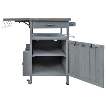 40.5" Outdoor Grill Cart with Stainless Steel Top, Solid Wood Outdoor Storage Cabinet with Drop Leaf, One Drawer, Towel Rack, Rolling Kitchen Cart with Lockable Wheels for Lawn Garden, Blue Grey