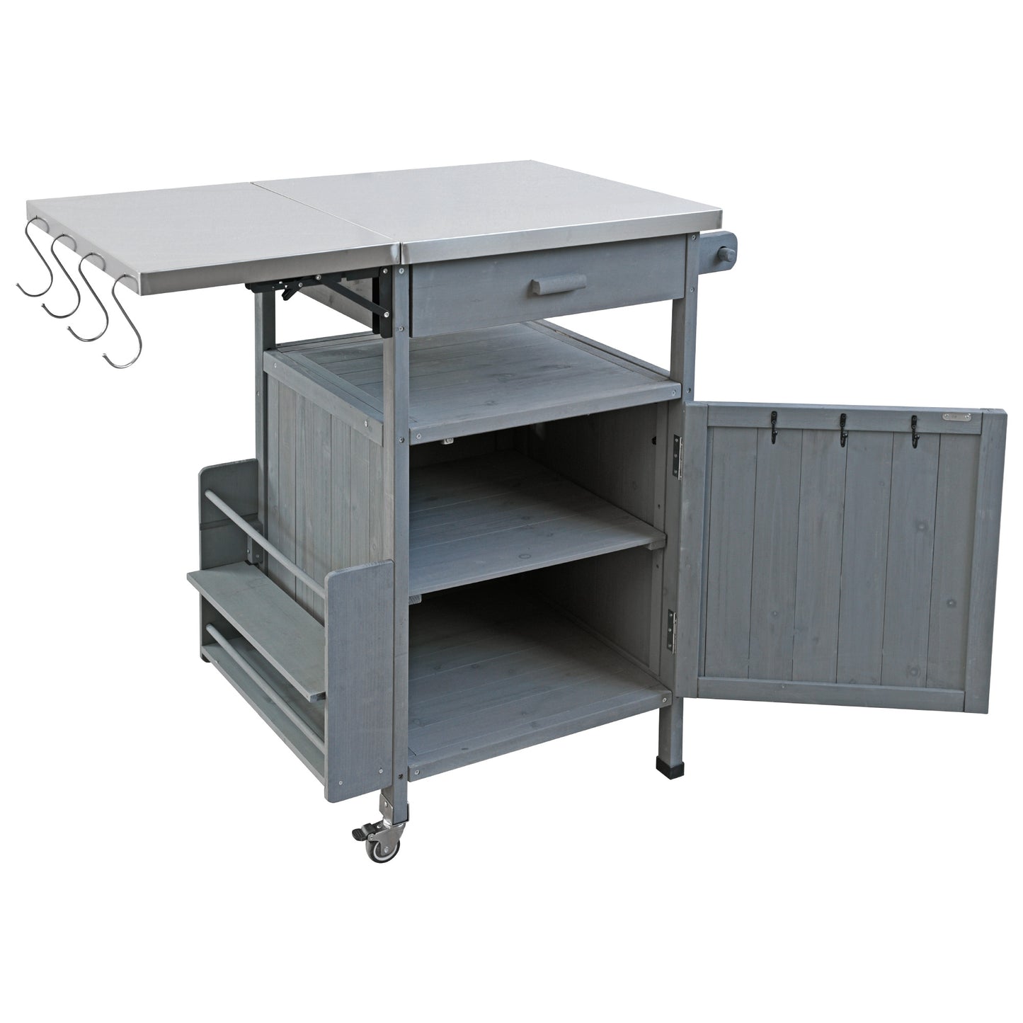 40.5" Outdoor Grill Cart with Stainless Steel Top, Solid Wood Outdoor Storage Cabinet with Drop Leaf, One Drawer, Towel Rack, Rolling Kitchen Cart with Lockable Wheels for Lawn Garden, Blue Grey