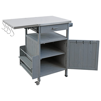 40.5" Outdoor Grill Cart with Stainless Steel Top, Solid Wood Outdoor Storage Cabinet with Drop Leaf, One Drawer, Towel Rack, Rolling Kitchen Cart with Lockable Wheels for Lawn Garden, Blue Grey