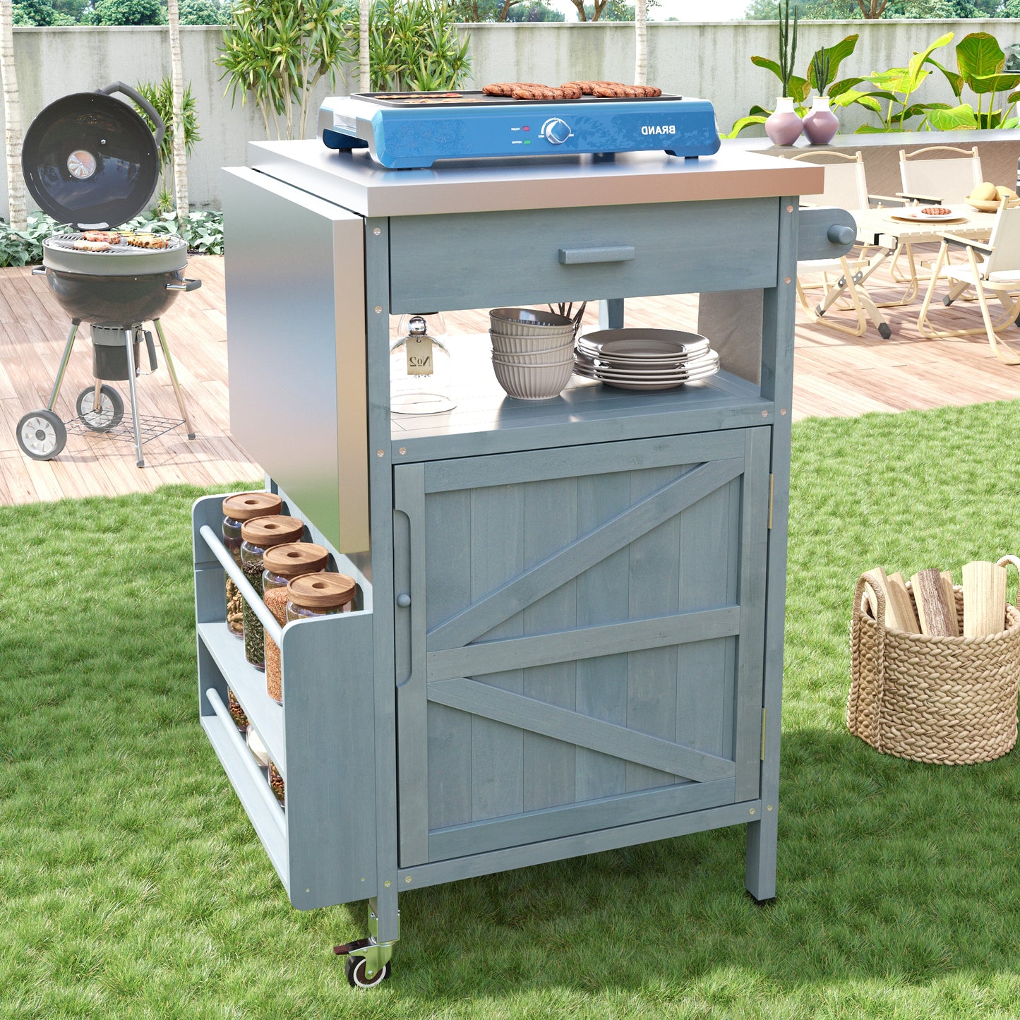 40.5" Outdoor Grill Cart with Stainless Steel Top, Solid Wood Outdoor Storage Cabinet with Drop Leaf, One Drawer, Towel Rack, Rolling Kitchen Cart with Lockable Wheels for Lawn Garden, Blue Grey