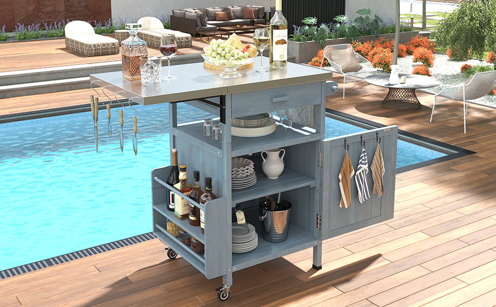 40.5" Outdoor Grill Cart with Stainless Steel Top, Solid Wood Outdoor Storage Cabinet with Drop Leaf, One Drawer, Towel Rack, Rolling Kitchen Cart with Lockable Wheels for Lawn Garden, Blue Grey
