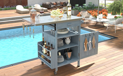 40.5" Outdoor Grill Cart with Stainless Steel Top, Solid Wood Outdoor Storage Cabinet with Drop Leaf, One Drawer, Towel Rack, Rolling Kitchen Cart with Lockable Wheels for Lawn Garden, Blue Grey