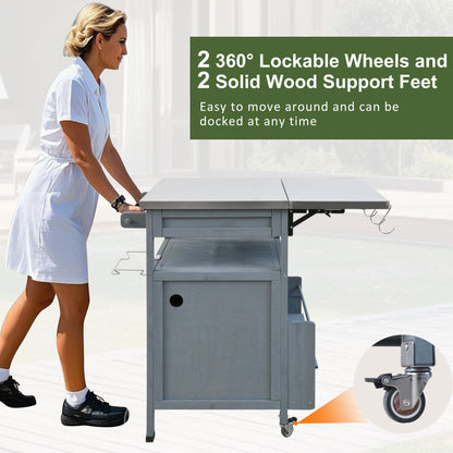 40.5" Outdoor Grill Cart with Stainless Steel Top, Solid Wood Outdoor Storage Cabinet with Drop Leaf, One Drawer, Towel Rack, Rolling Kitchen Cart with Lockable Wheels for Lawn Garden, Blue Grey