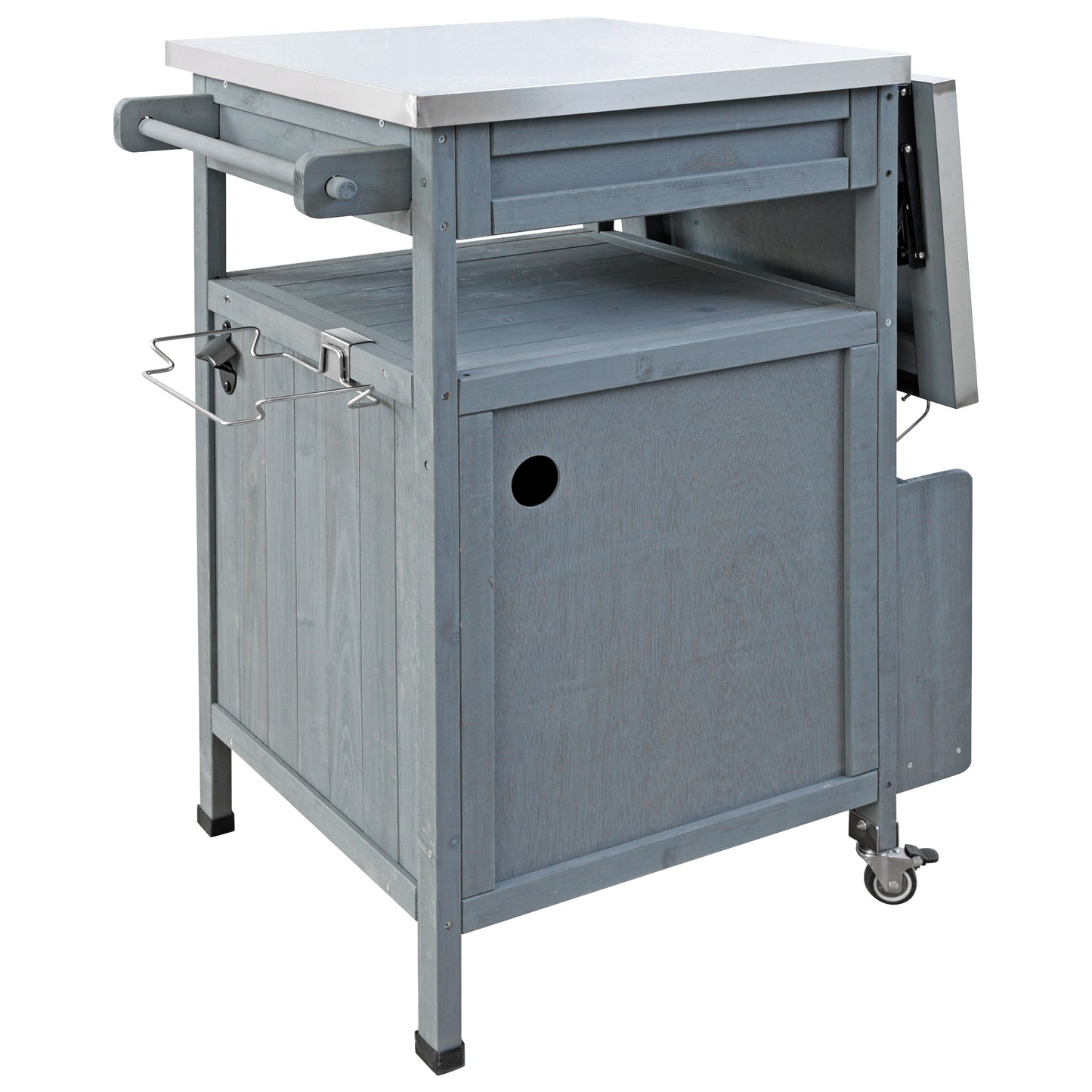 40.5" Outdoor Grill Cart with Stainless Steel Top, Solid Wood Outdoor Storage Cabinet with Drop Leaf, One Drawer, Towel Rack, Rolling Kitchen Cart with Lockable Wheels for Lawn Garden, Blue Grey