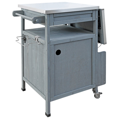 40.5" Outdoor Grill Cart with Stainless Steel Top, Solid Wood Outdoor Storage Cabinet with Drop Leaf, One Drawer, Towel Rack, Rolling Kitchen Cart with Lockable Wheels for Lawn Garden, Blue Grey
