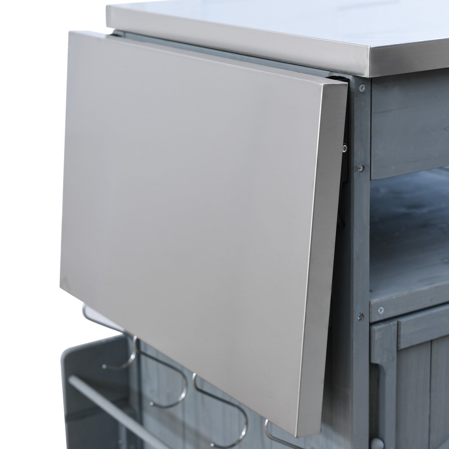 40.5" Outdoor Grill Cart with Stainless Steel Top, Solid Wood Outdoor Storage Cabinet with Drop Leaf, One Drawer, Towel Rack, Rolling Kitchen Cart with Lockable Wheels for Lawn Garden, Blue Grey