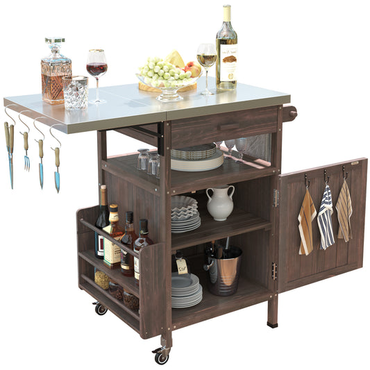 40.5" Outdoor Grill Cart with Stainless Steel Top, Solid Wood Outdoor Storage Cabinet with Drop Leaf, One Drawer, Towel Rack, Rolling Kitchen Cart with Lockable Wheels for Lawn Garden, Brown