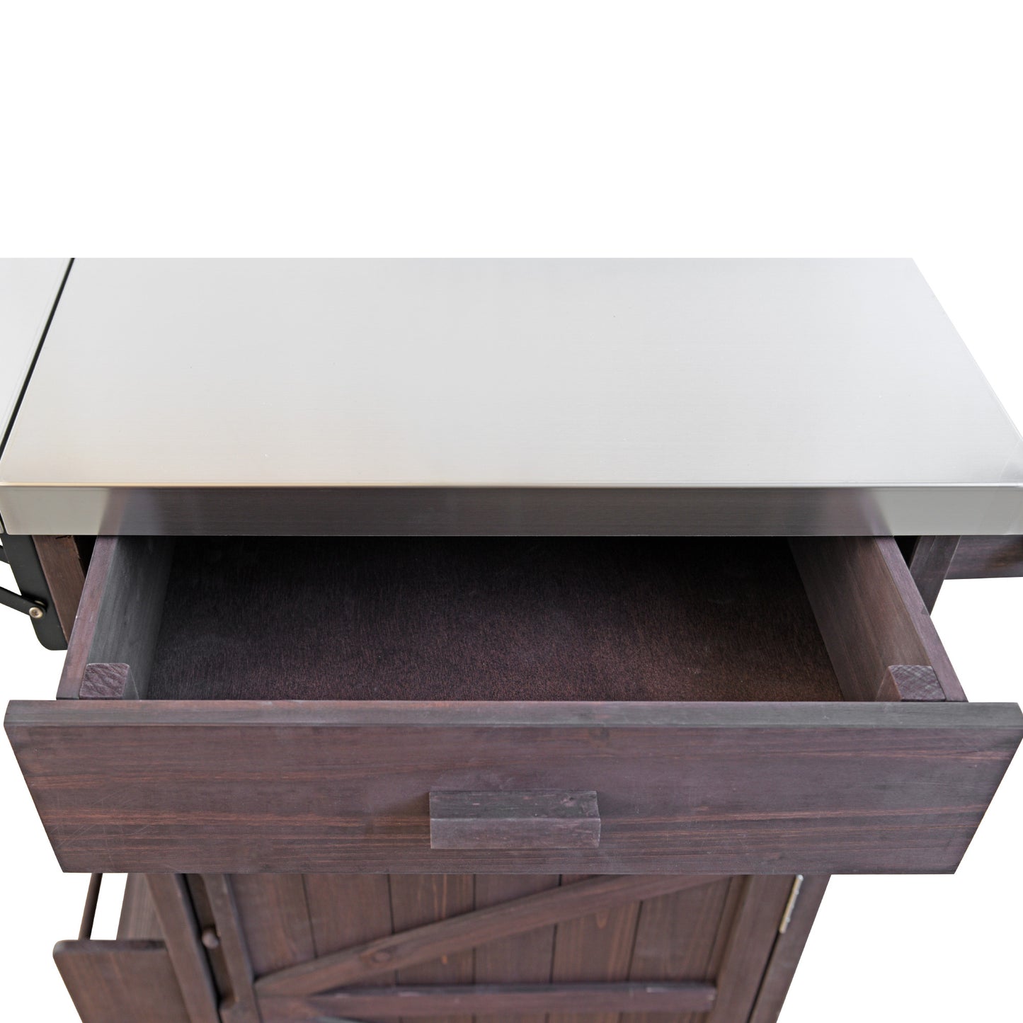 40.5" Outdoor Grill Cart with Stainless Steel Top, Solid Wood Outdoor Storage Cabinet with Drop Leaf, One Drawer, Towel Rack, Rolling Kitchen Cart with Lockable Wheels for Lawn Garden, Brown