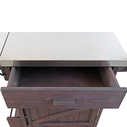 40.5" Outdoor Grill Cart with Stainless Steel Top, Solid Wood Outdoor Storage Cabinet with Drop Leaf, One Drawer, Towel Rack, Rolling Kitchen Cart with Lockable Wheels for Lawn Garden, Brown