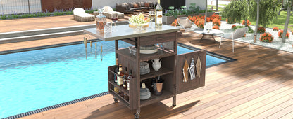 40.5" Outdoor Grill Cart with Stainless Steel Top, Solid Wood Outdoor Storage Cabinet with Drop Leaf, One Drawer, Towel Rack, Rolling Kitchen Cart with Lockable Wheels for Lawn Garden, Brown