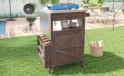 40.5" Outdoor Grill Cart with Stainless Steel Top, Solid Wood Outdoor Storage Cabinet with Drop Leaf, One Drawer, Towel Rack, Rolling Kitchen Cart with Lockable Wheels for Lawn Garden, Brown