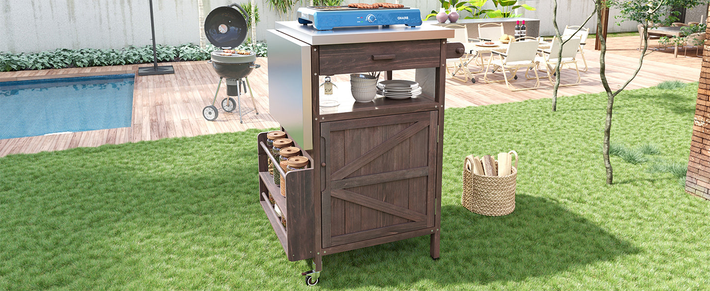 40.5" Outdoor Grill Cart with Stainless Steel Top, Solid Wood Outdoor Storage Cabinet with Drop Leaf, One Drawer, Towel Rack, Rolling Kitchen Cart with Lockable Wheels for Lawn Garden, Brown