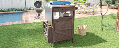 40.5" Outdoor Grill Cart with Stainless Steel Top, Solid Wood Outdoor Storage Cabinet with Drop Leaf, One Drawer, Towel Rack, Rolling Kitchen Cart with Lockable Wheels for Lawn Garden, Brown