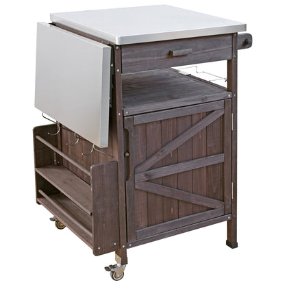 40.5" Outdoor Grill Cart with Stainless Steel Top, Solid Wood Outdoor Storage Cabinet with Drop Leaf, One Drawer, Towel Rack, Rolling Kitchen Cart with Lockable Wheels for Lawn Garden, Brown