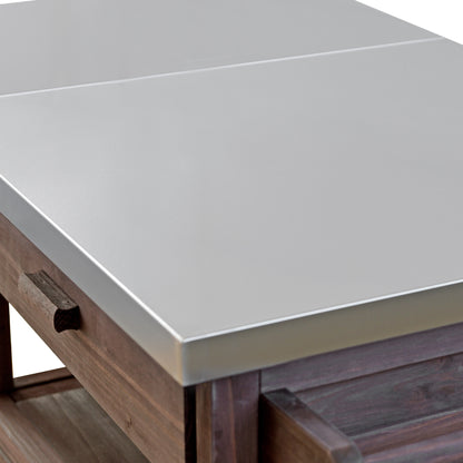 40.5" Outdoor Grill Cart with Stainless Steel Top, Solid Wood Outdoor Storage Cabinet with Drop Leaf, One Drawer, Towel Rack, Rolling Kitchen Cart with Lockable Wheels for Lawn Garden, Brown