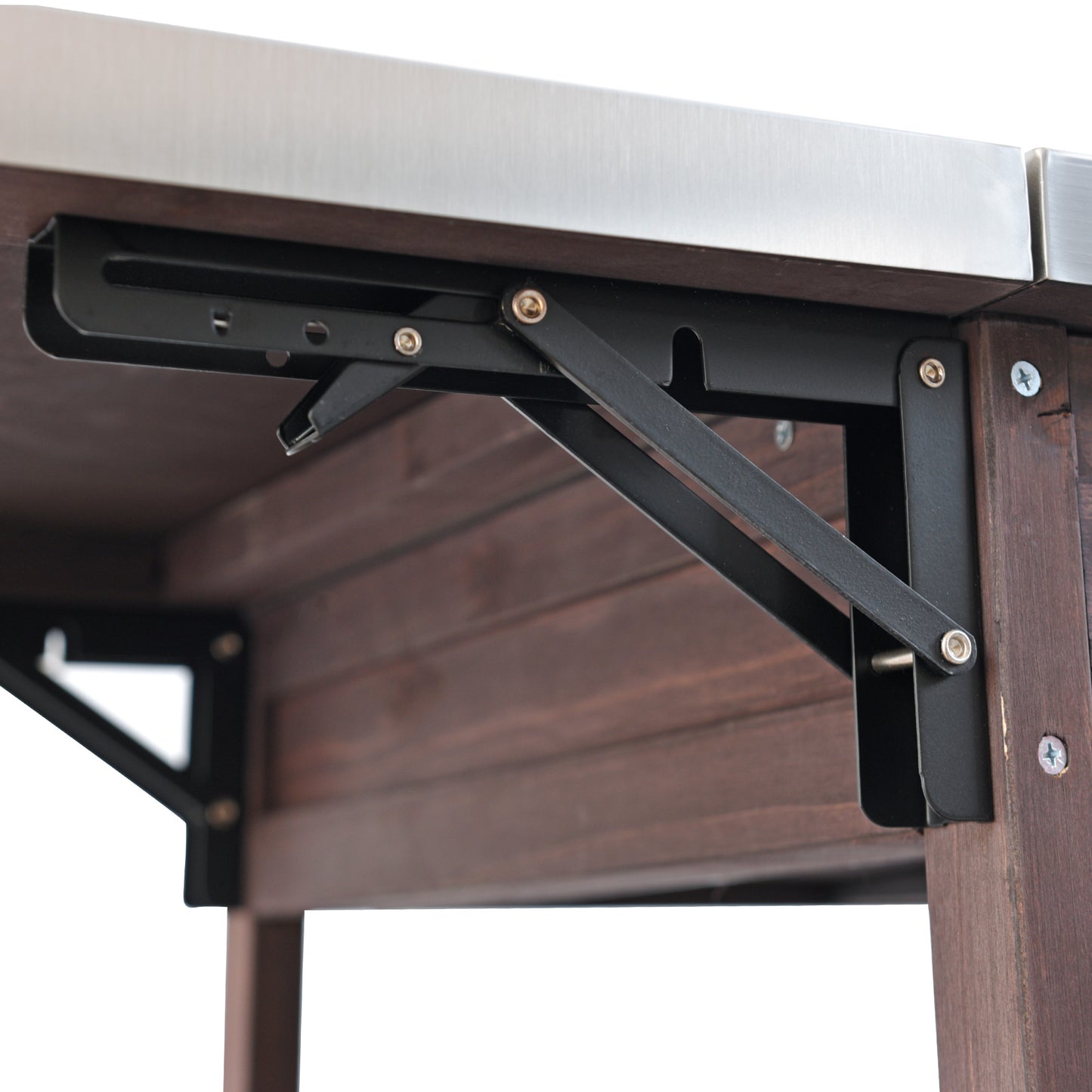 40.5" Outdoor Grill Cart with Stainless Steel Top, Solid Wood Outdoor Storage Cabinet with Drop Leaf, One Drawer, Towel Rack, Rolling Kitchen Cart with Lockable Wheels for Lawn Garden, Brown