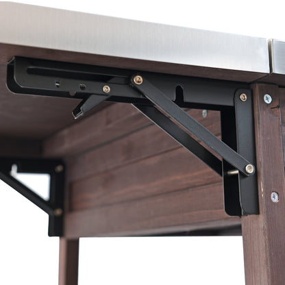 40.5" Outdoor Grill Cart with Stainless Steel Top, Solid Wood Outdoor Storage Cabinet with Drop Leaf, One Drawer, Towel Rack, Rolling Kitchen Cart with Lockable Wheels for Lawn Garden, Brown