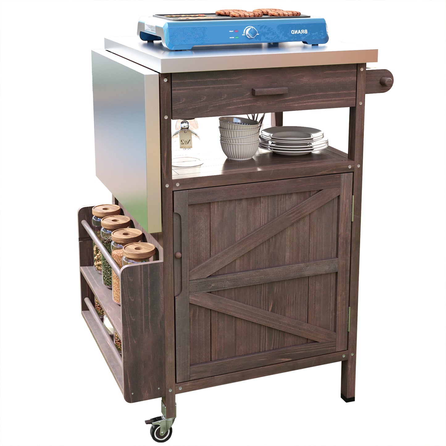 40.5" Outdoor Grill Cart with Stainless Steel Top, Solid Wood Outdoor Storage Cabinet with Drop Leaf, One Drawer, Towel Rack, Rolling Kitchen Cart with Lockable Wheels for Lawn Garden, Brown