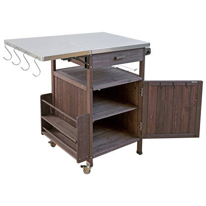 40.5" Outdoor Grill Cart with Stainless Steel Top, Solid Wood Outdoor Storage Cabinet with Drop Leaf, One Drawer, Towel Rack, Rolling Kitchen Cart with Lockable Wheels for Lawn Garden, Brown