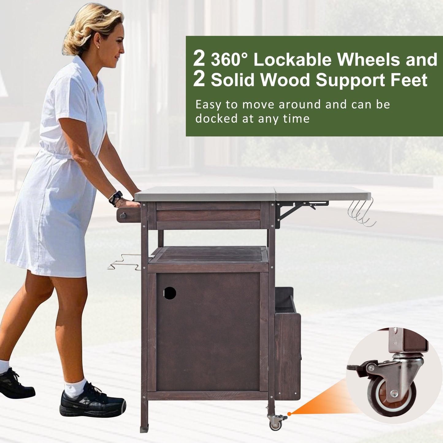40.5" Outdoor Grill Cart with Stainless Steel Top, Solid Wood Outdoor Storage Cabinet with Drop Leaf, One Drawer, Towel Rack, Rolling Kitchen Cart with Lockable Wheels for Lawn Garden, Brown