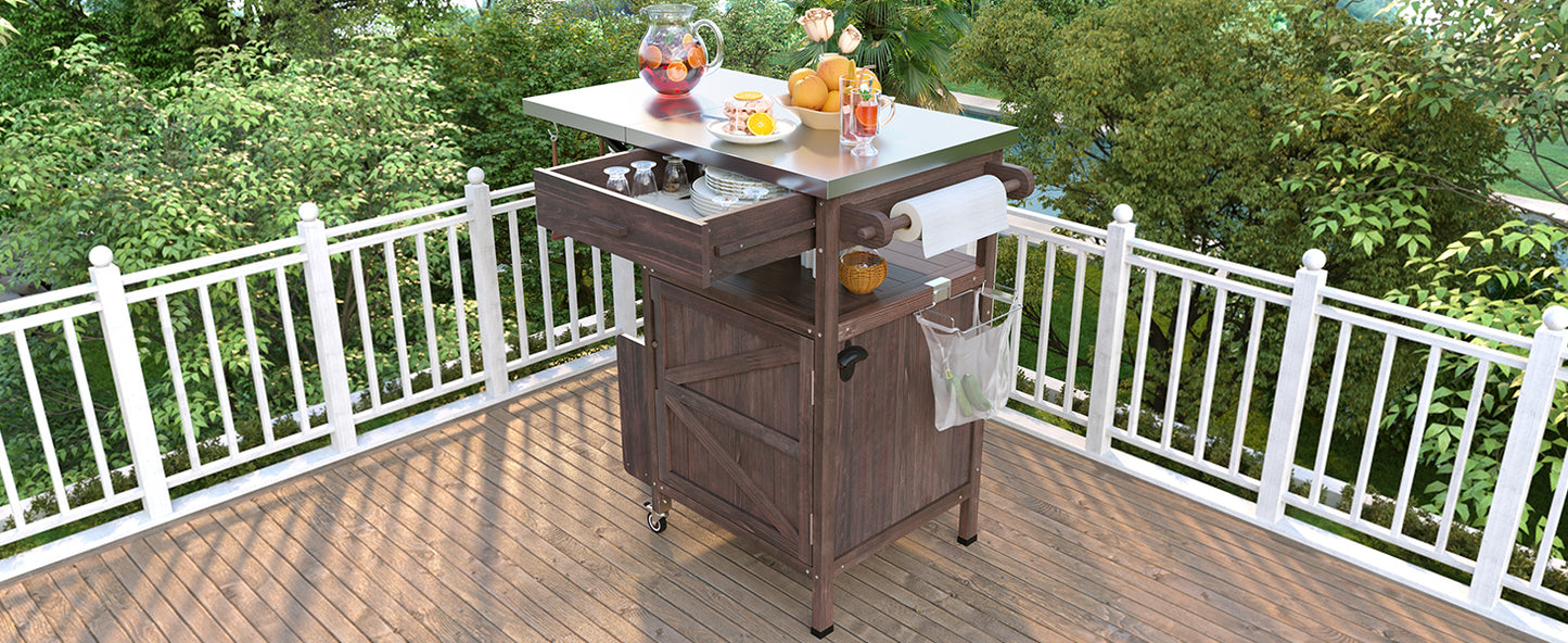 40.5" Outdoor Grill Cart with Stainless Steel Top, Solid Wood Outdoor Storage Cabinet with Drop Leaf, One Drawer, Towel Rack, Rolling Kitchen Cart with Lockable Wheels for Lawn Garden, Brown