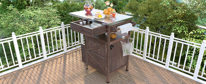 40.5" Outdoor Grill Cart with Stainless Steel Top, Solid Wood Outdoor Storage Cabinet with Drop Leaf, One Drawer, Towel Rack, Rolling Kitchen Cart with Lockable Wheels for Lawn Garden, Brown
