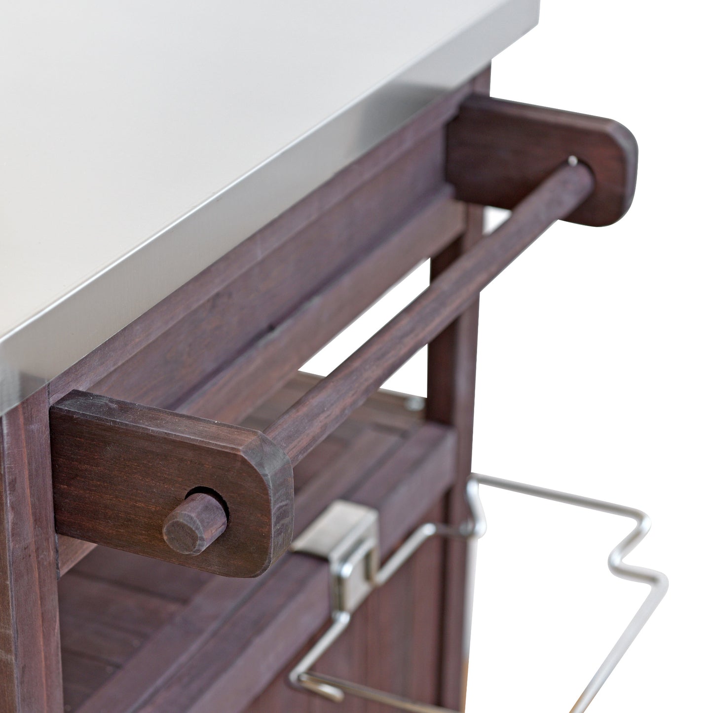 40.5" Outdoor Grill Cart with Stainless Steel Top, Solid Wood Outdoor Storage Cabinet with Drop Leaf, One Drawer, Towel Rack, Rolling Kitchen Cart with Lockable Wheels for Lawn Garden, Brown