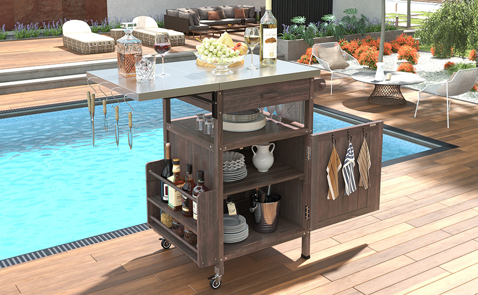 40.5" Outdoor Grill Cart with Stainless Steel Top, Solid Wood Outdoor Storage Cabinet with Drop Leaf, One Drawer, Towel Rack, Rolling Kitchen Cart with Lockable Wheels for Lawn Garden, Brown