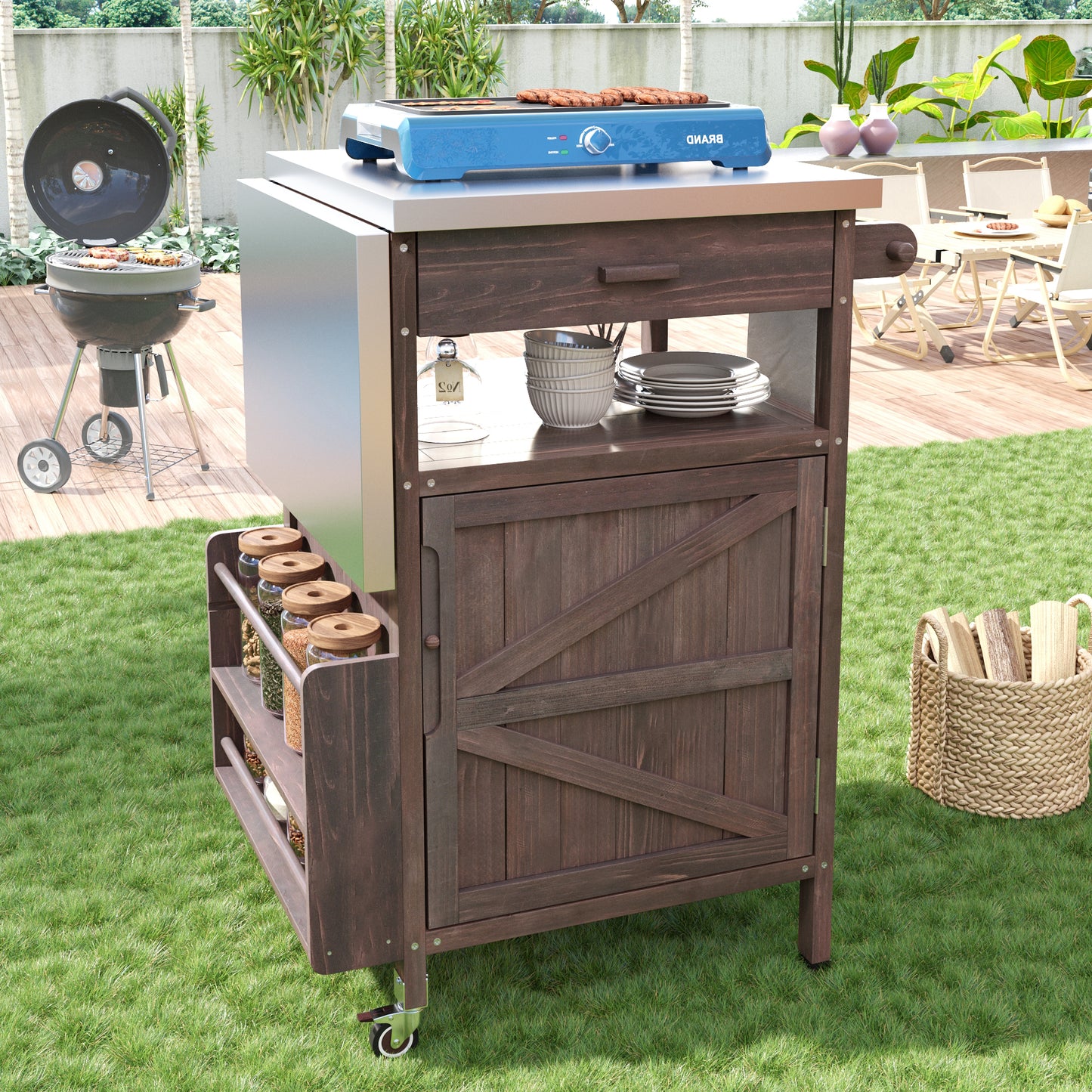 40.5" Outdoor Grill Cart with Stainless Steel Top, Solid Wood Outdoor Storage Cabinet with Drop Leaf, One Drawer, Towel Rack, Rolling Kitchen Cart with Lockable Wheels for Lawn Garden, Brown