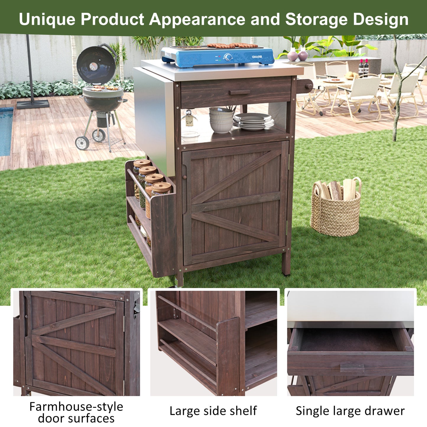 40.5" Outdoor Grill Cart with Stainless Steel Top, Solid Wood Outdoor Storage Cabinet with Drop Leaf, One Drawer, Towel Rack, Rolling Kitchen Cart with Lockable Wheels for Lawn Garden, Brown