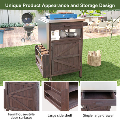 40.5" Outdoor Grill Cart with Stainless Steel Top, Solid Wood Outdoor Storage Cabinet with Drop Leaf, One Drawer, Towel Rack, Rolling Kitchen Cart with Lockable Wheels for Lawn Garden, Brown