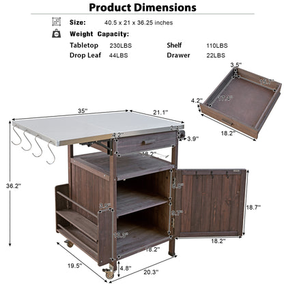 40.5" Outdoor Grill Cart with Stainless Steel Top, Solid Wood Outdoor Storage Cabinet with Drop Leaf, One Drawer, Towel Rack, Rolling Kitchen Cart with Lockable Wheels for Lawn Garden, Brown