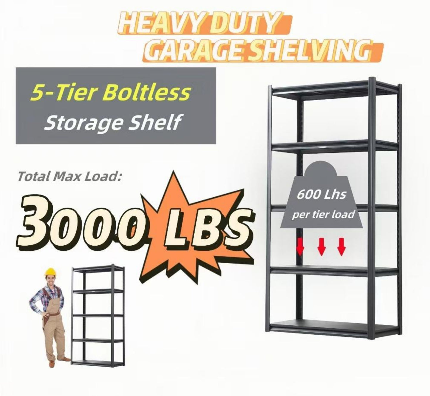 5 Tier Heavy Duty Metal Storage Shelves,Easy to Assemble,Adjustable,Storage Shelves for Basements, Garages and Kitchen, 72 "H*47.2 "W*17.7 "D