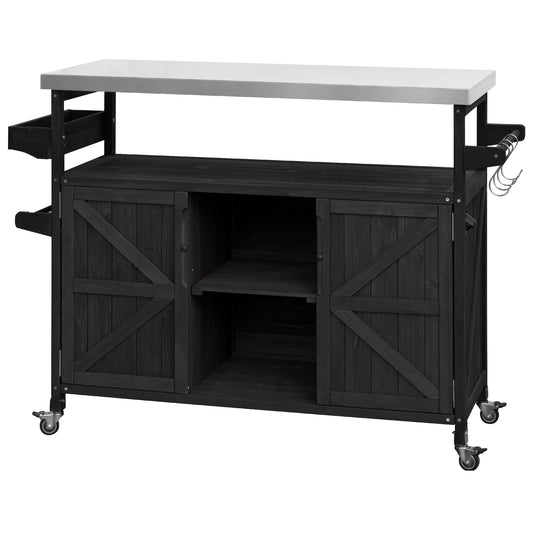 Outdoor Kitchen Island, Rolling Bar Cart & Storage Cabinet, Farmhouse Solid Wood Outdoor Grill Table with Stainless Steel Top, Spice Rack , Towel Rack for Kitchen & Barbecue, Black