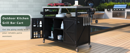 Outdoor Kitchen Island, Rolling Bar Cart & Storage Cabinet, Farmhouse Solid Wood Outdoor Grill Table with Stainless Steel Top, Spice Rack , Towel Rack for Kitchen & Barbecue, Black