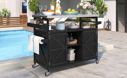 Outdoor Kitchen Island, Rolling Bar Cart & Storage Cabinet, Farmhouse Solid Wood Outdoor Grill Table with Stainless Steel Top, Spice Rack , Towel Rack for Kitchen & Barbecue, Black