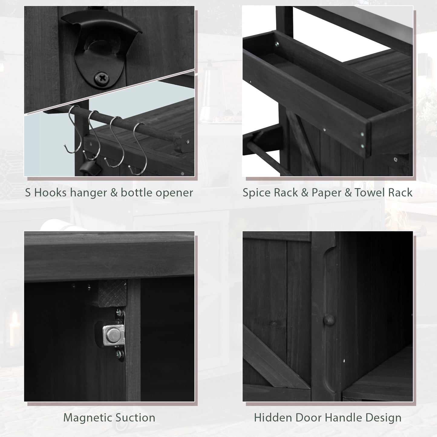 Outdoor Kitchen Island, Rolling Bar Cart & Storage Cabinet, Farmhouse Solid Wood Outdoor Grill Table with Stainless Steel Top, Spice Rack , Towel Rack for Kitchen & Barbecue, Black