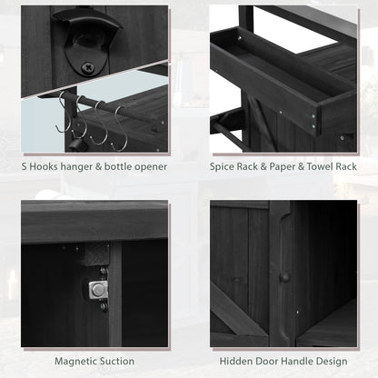 Outdoor Kitchen Island, Rolling Bar Cart & Storage Cabinet, Farmhouse Solid Wood Outdoor Grill Table with Stainless Steel Top, Spice Rack , Towel Rack for Kitchen & Barbecue, Black