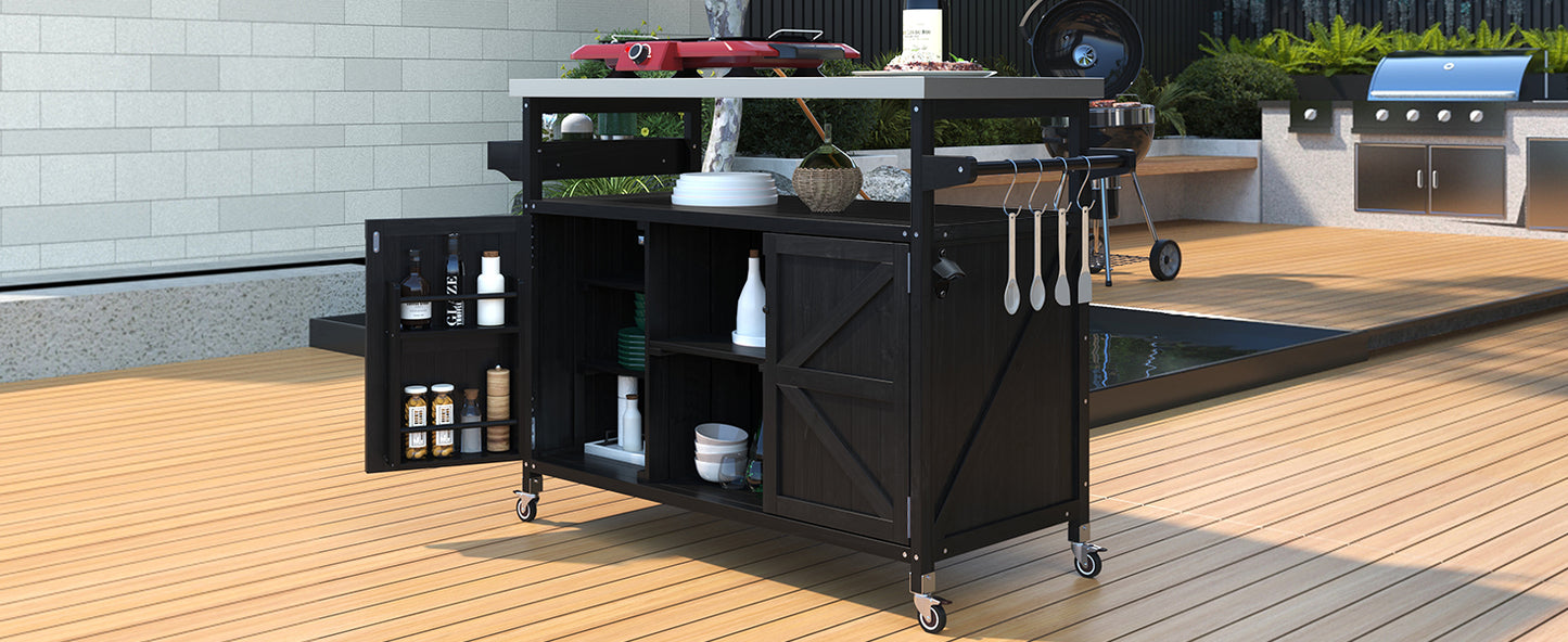 Outdoor Kitchen Island, Rolling Bar Cart & Storage Cabinet, Farmhouse Solid Wood Outdoor Grill Table with Stainless Steel Top, Spice Rack , Towel Rack for Kitchen & Barbecue, Black