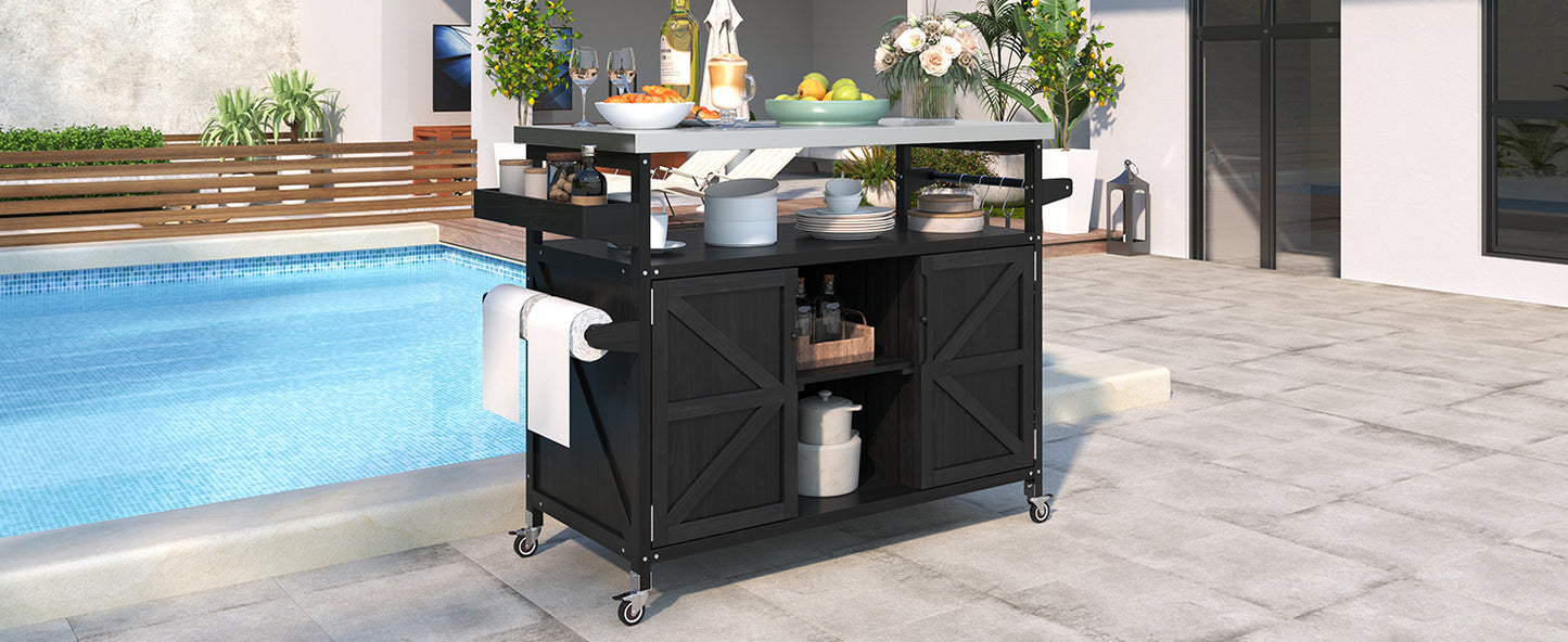 Outdoor Kitchen Island, Rolling Bar Cart & Storage Cabinet, Farmhouse Solid Wood Outdoor Grill Table with Stainless Steel Top, Spice Rack , Towel Rack for Kitchen & Barbecue, Black
